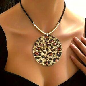 Leopard Print Circle Necklace Bold Statement Piece Gold Tone Dangle Glam Cheetah